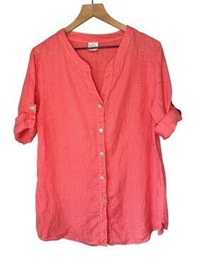 MATCH POINT Linen Coral Button Up Roll Tab Sleeve Oversized Tunic Blouse Sz S